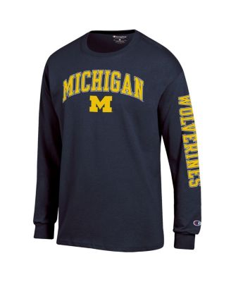 Men's Navy Michigan Wolverines Arch Over Logo 2-Hit Long Sleeve T-Shirt