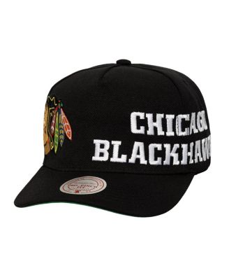 Mitchell & Ness - Men's Black Chicago Blackhawks Busted Logo Wordmark Wrap Around Pro Pinch Adjustable Hat