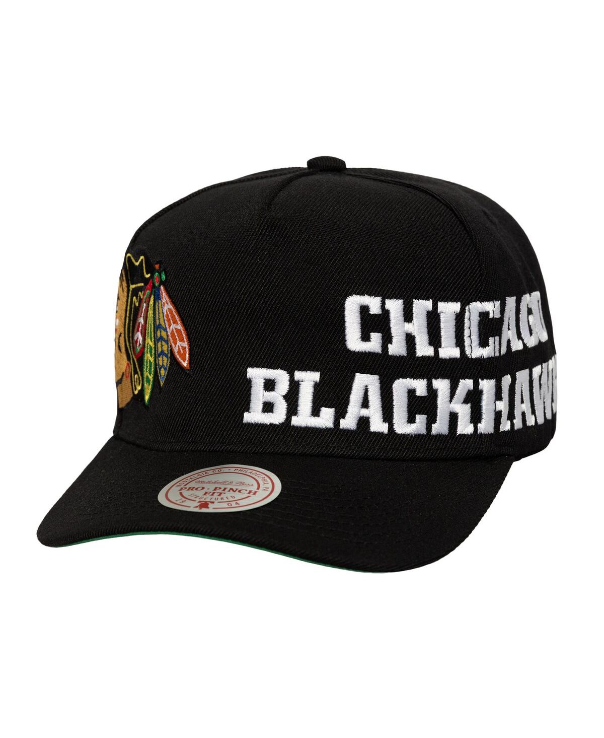 Mitchell & Ness Men's Black Chicago Blackhawks Busted Logo Wordmark Wrap Around Pro Pinch Adjustable Hat