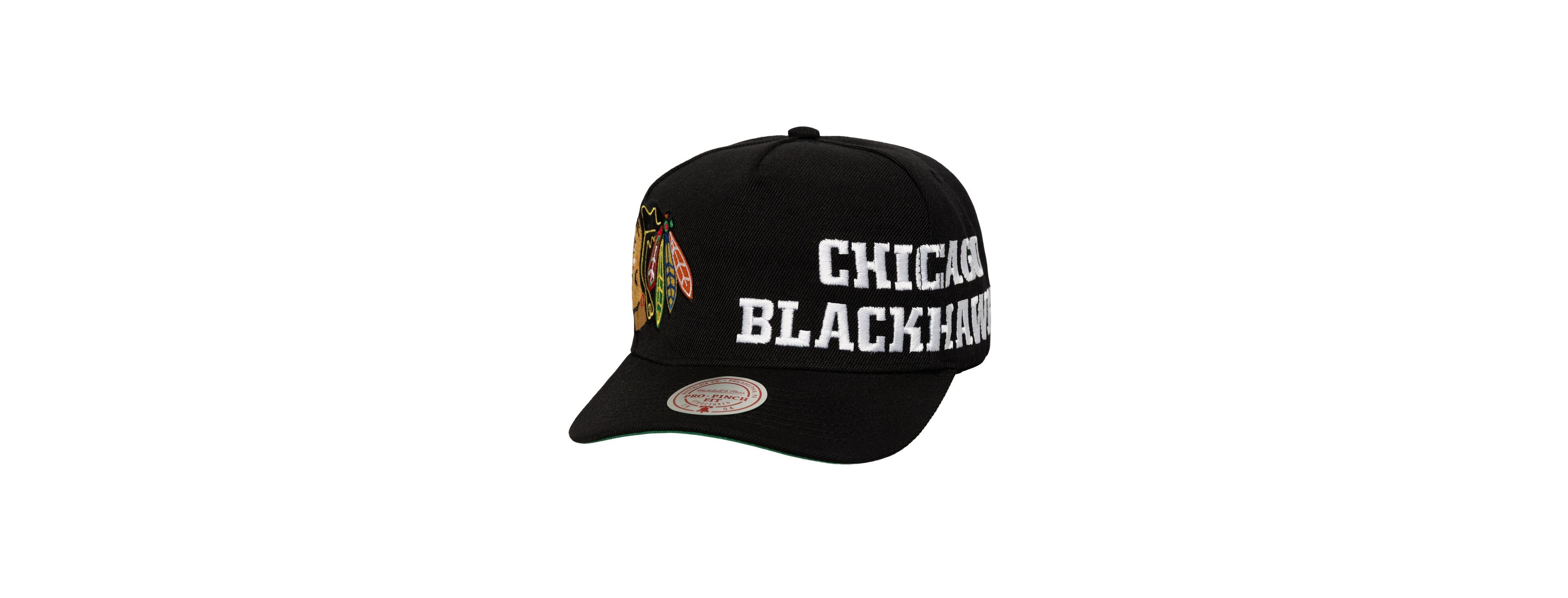 Mitchell & Ness Men's Black Chicago Blackhawks Busted Logo Wordmark Wrap Around Pro Pinch Adjustable Hat