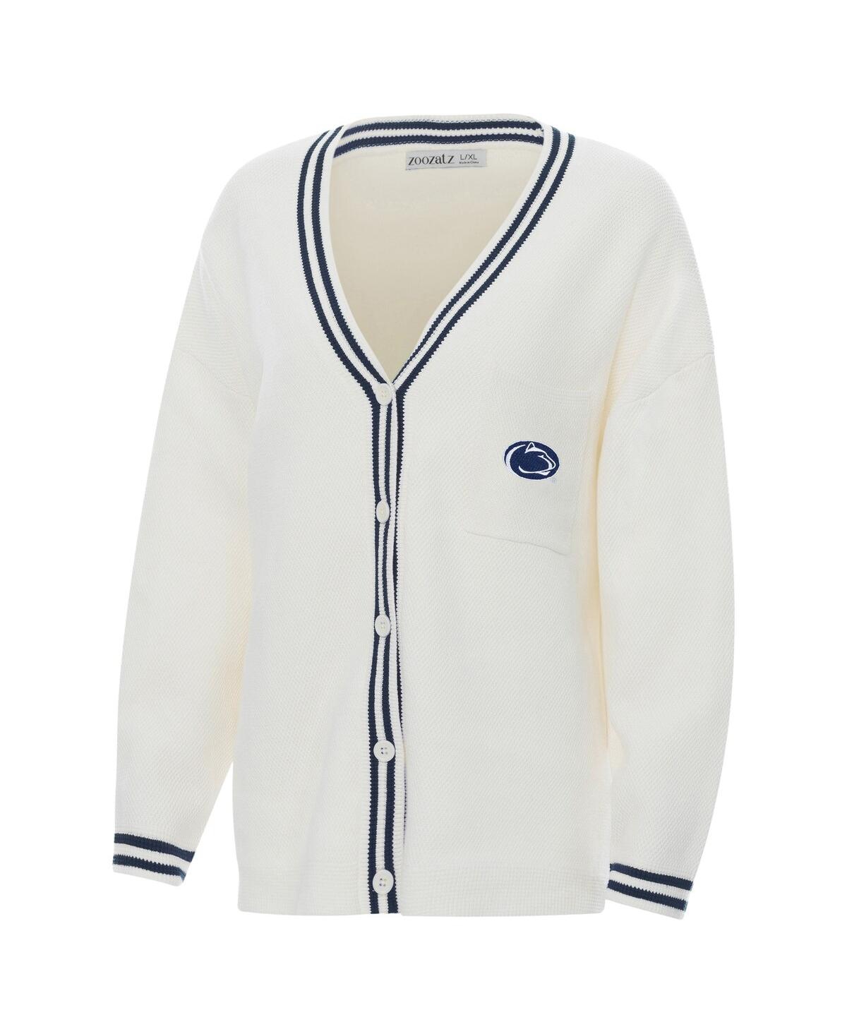 ZooZatz Women's Cream Penn State Nittany Lions Striped Knit Button-Up Cardigan Sweater