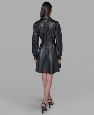 Women's Faux Leather Belted Shirt Dress