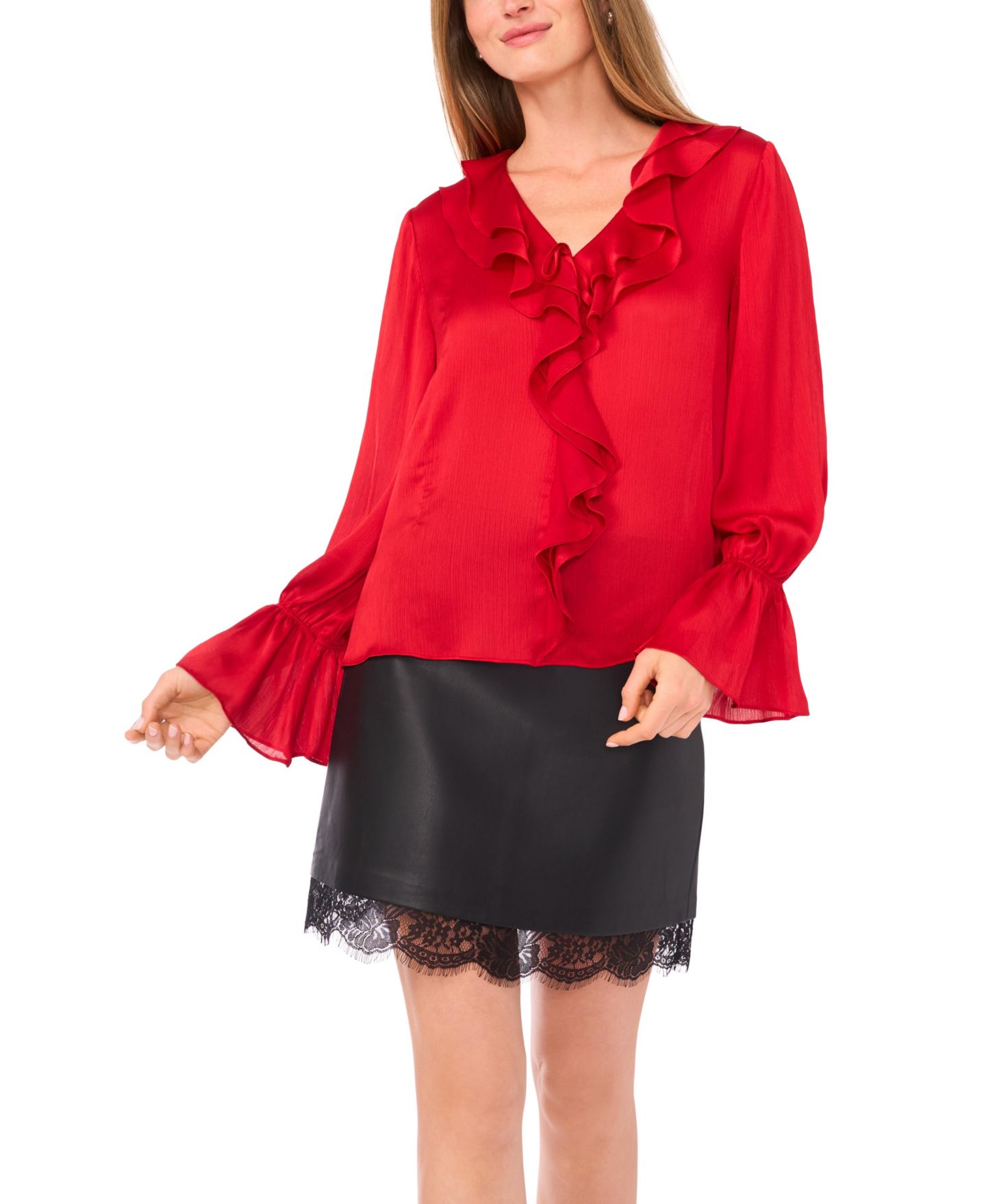 Женский топ Vince Camuto Ruffled V-Neck Bell-Sleeve, цвет: Вишнёвый красный — фото 1