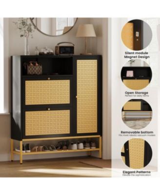 Shoe Storage Cabinet with 2 Flip Drawers - Hidden Shoe Organizer for Entryway, Metal Shoe Rack with Door &amp; Open Storage