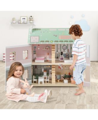 Kids Wooden Dollhouse 3 Level with Double-Sided Roofs and Doors