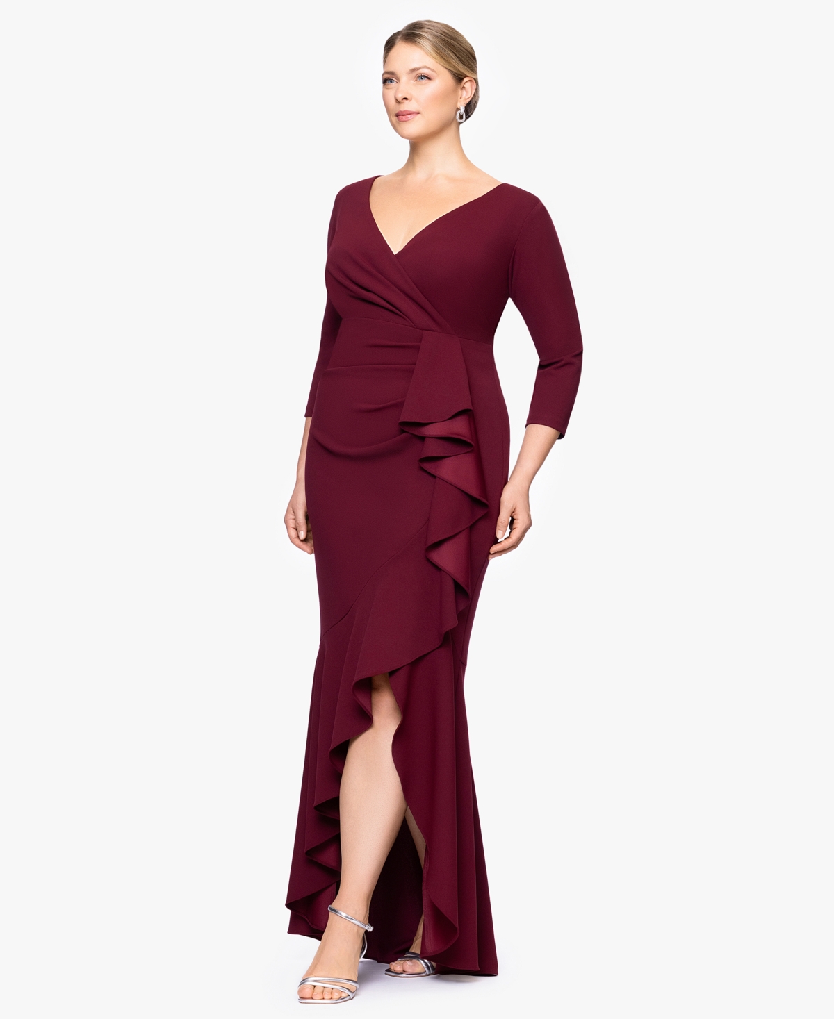 Betsy & Adam Plus V-Neck Long Ruffle Dress