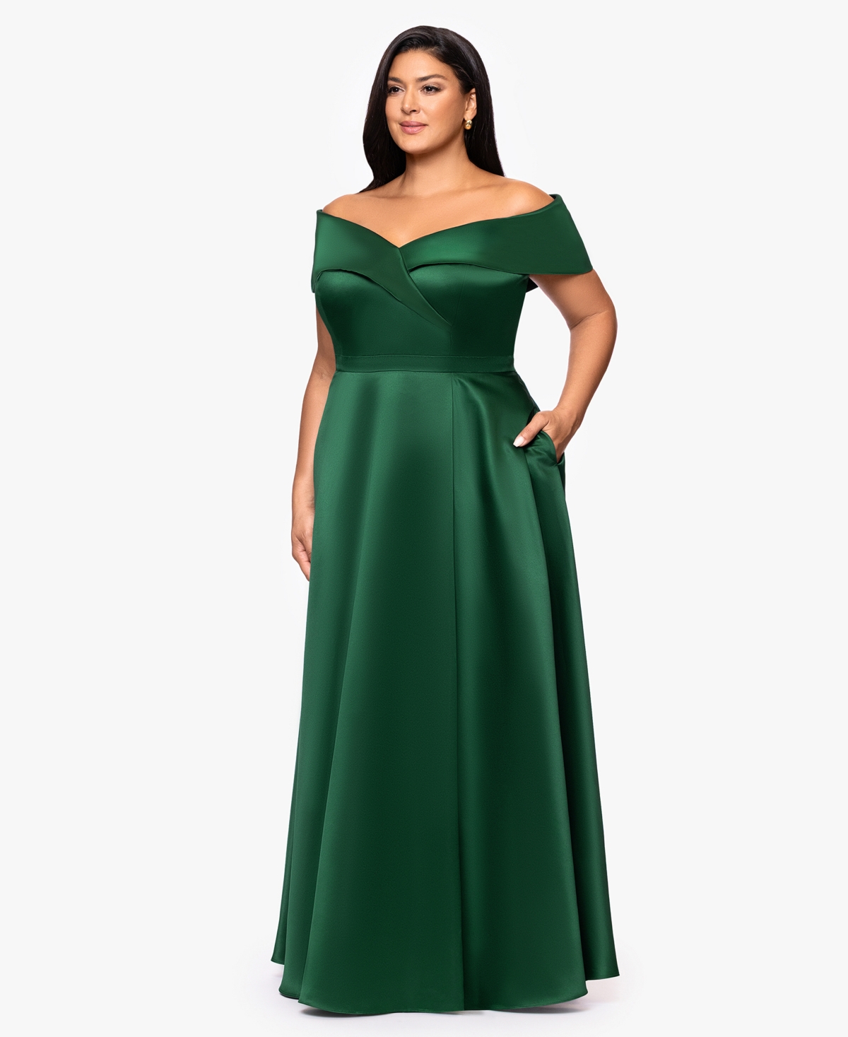 Xscape Plus Size Satin Off-the-shoulder Gown In Green