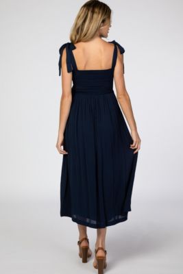 Maternity Navy Blue Smocked Tie Strap Midi Dress