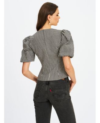 Women's Qusayla Black Gingham Bubble Sleeve Bowtie Top