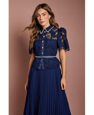 Women's Lace Top Pleat Skirt Jewel Button Dress