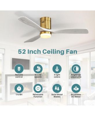 52 Inch 3 Solid Wood Blade Flush Mount Ceiling Fan with Tri Color Adjustable Light and Remote Control