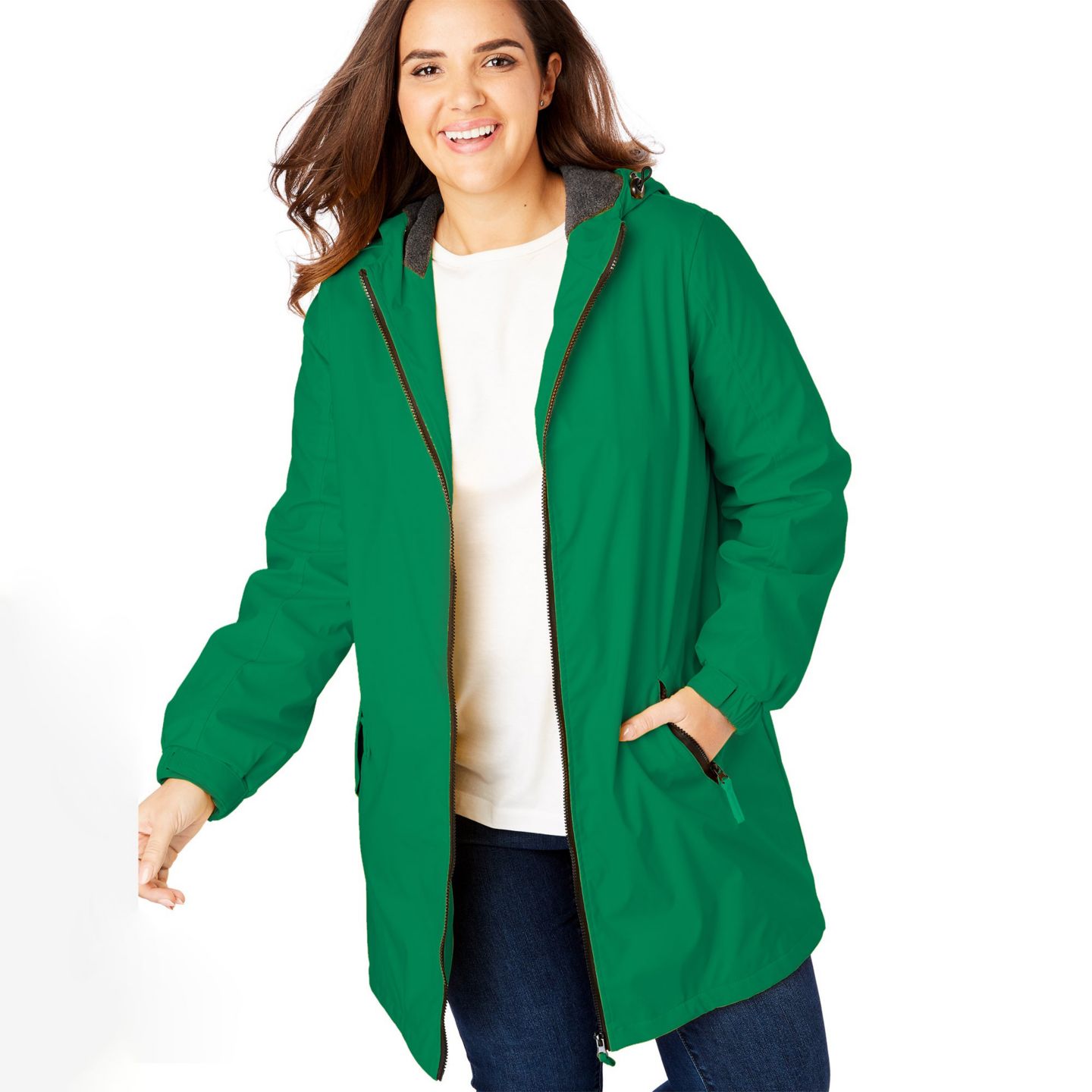 Женские куртки Woman Within Within Fleece-Lined Mid-Length Slicker Raincoat, цвет: Зелёный — фото 1