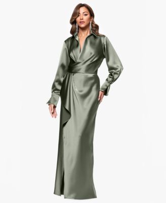 Petite Satin Collared Neck Long Dress