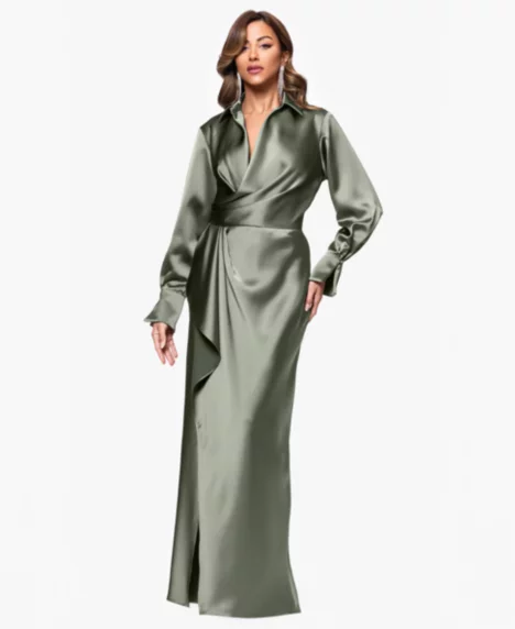 Petite Satin Collared Neck Long Dress - Olive