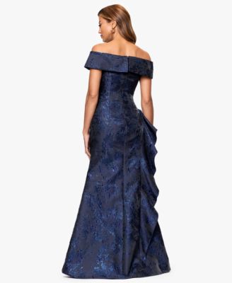 Petite Off-The-Shoulder Brocade Ruffle Gown