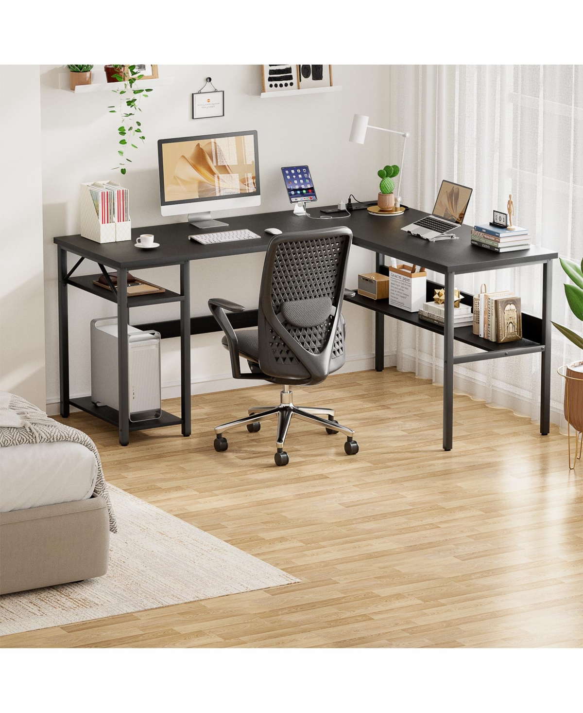 47.2'' L-Shaped Desk with Power Outlet and Shelf, Reversible