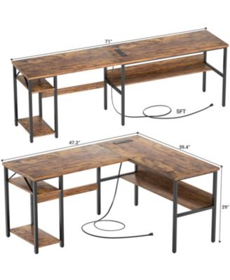 47.2'' MDF, Metal L-Shaped Desk with Power Outlet and Shelf, Reversible Desk