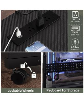 Height Adjustable Computer Tower Stand with Charging Station, Mobile Rolling CPU Holder with Wheels