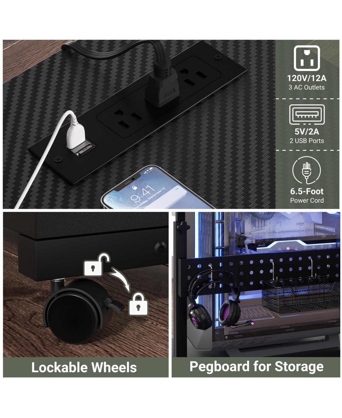 Height Adjustable Computer Tower Stand with Charging Station, Mobile Rolling Cpu Holder Wheels