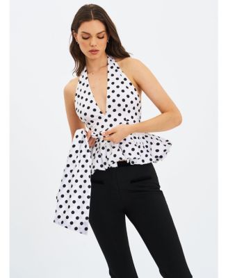 Women's Ilene White and Black Polka Dot Bubble Hem Halter Top