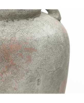 Rustic Old-World Gray with Brown 13.4-Inch Tall Round Terracotta Jug Vase with Handles