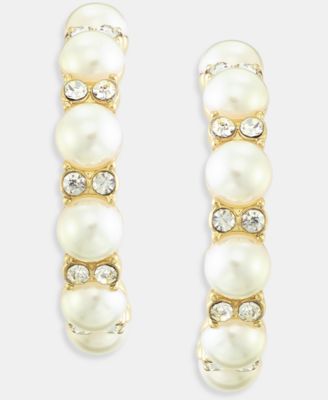 Medium Pav&eacute; & Imitation Pearl C-Hoop Earrings, 1.21", Macy's Exclusive