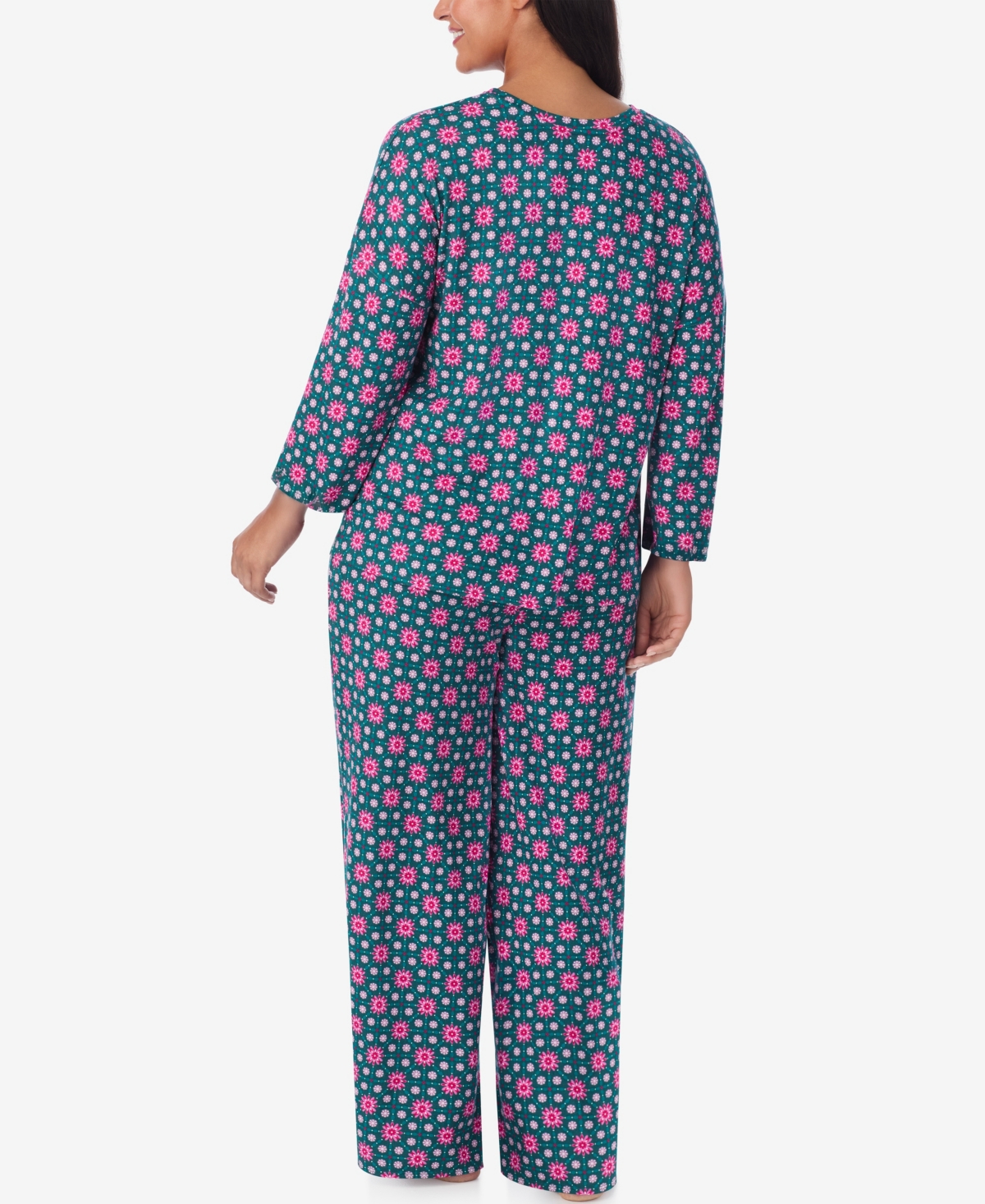 Ellen Tracy Plus Printed Round Neck Top and Pants Pajama Set