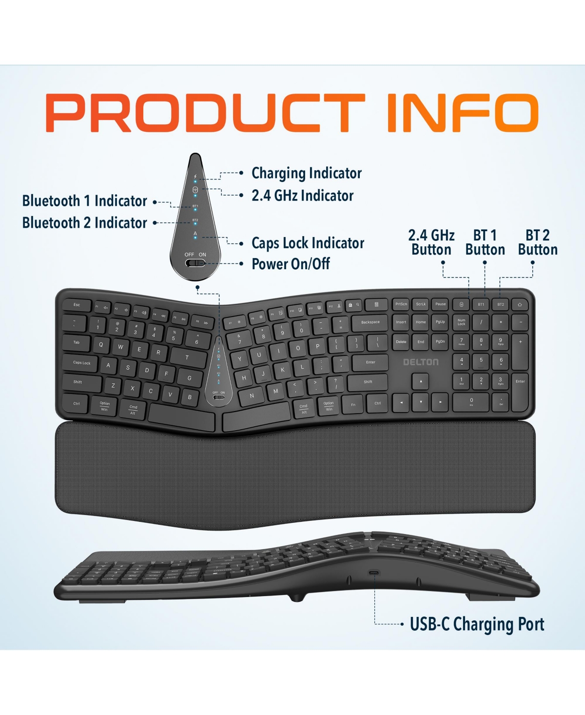 Delton KB250 Ergonomic Wireless Rechargeable Keyboard with Wrist Rest Pad (DKBE250-wr)