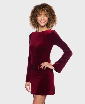 Women's Long Sleeve Belted Velvet Dress