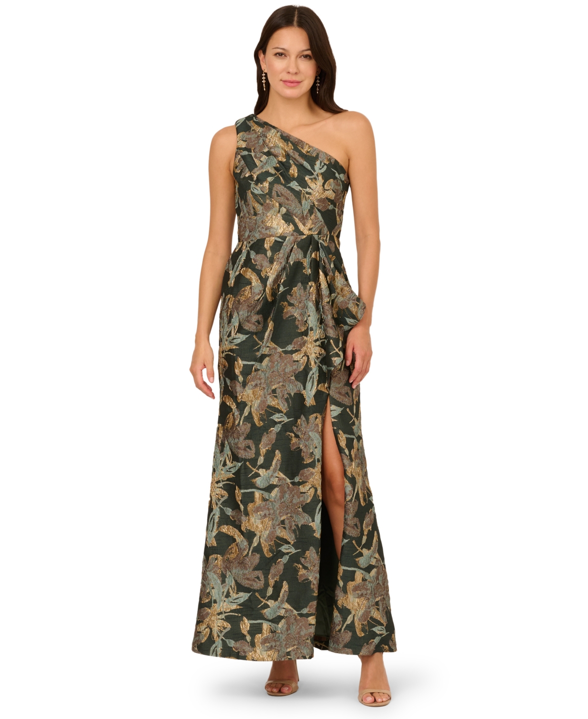 Adrianna Papell Women's Jacquard One-shoulder Gown In Brown
