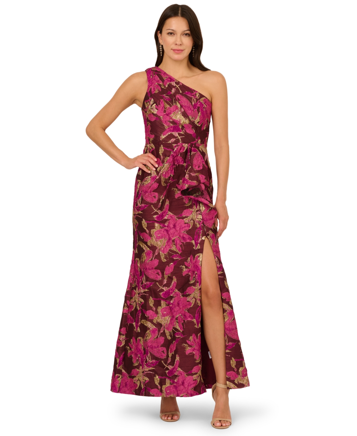 Adrianna Papell Women's Jacquard One-shoulder Gown In Burgundy