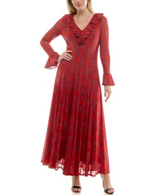 Women's Ruffle V-Neck Fit and Flare Mesh Dress