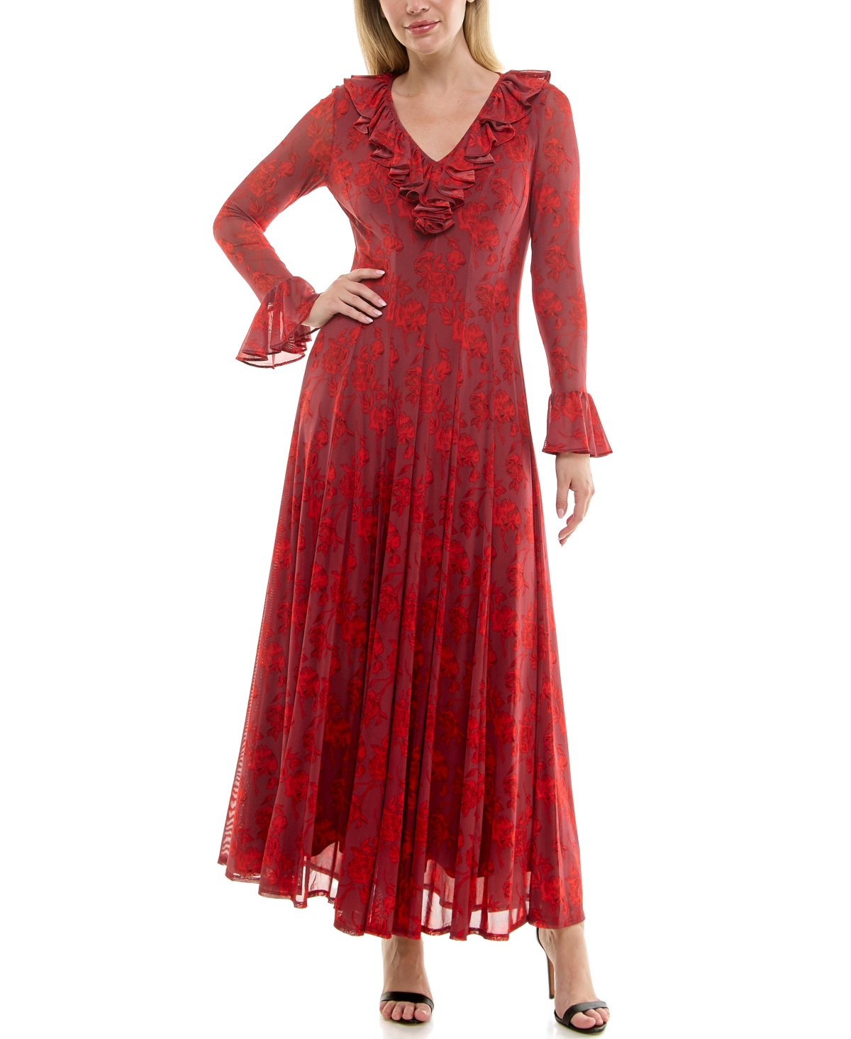 Taylor Women's Ruffle V-neck Fit And Flare Mesh Dress In Red