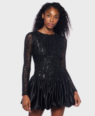 Junior's Long Sleeve Round Neck Bubble Dress