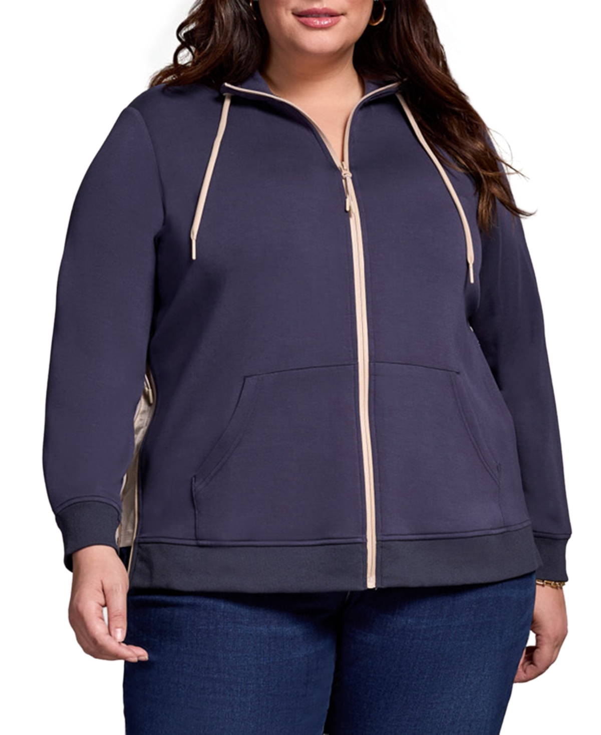 Tribal Plus Size Techno Lux Mock Neck Cardigan Vest Jacket In Blue