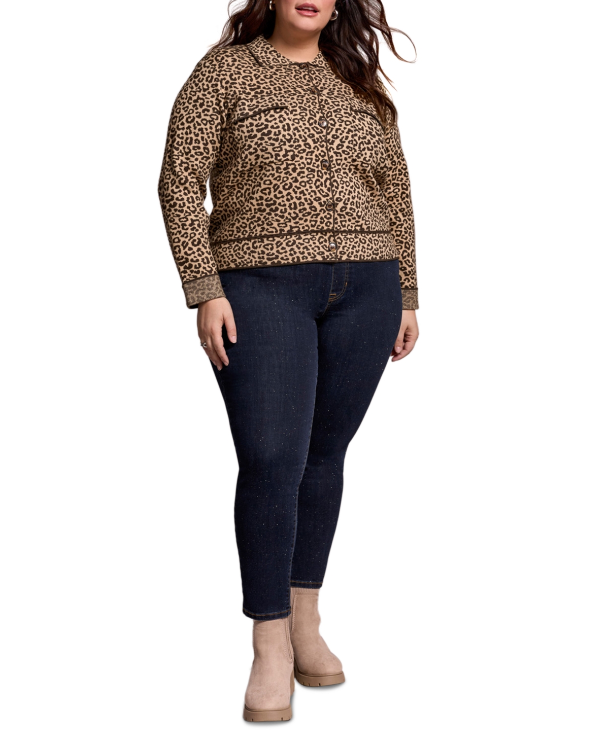 Tribal Plus Size Double Knit Long-sleeve Cardigan Sweater In Brown