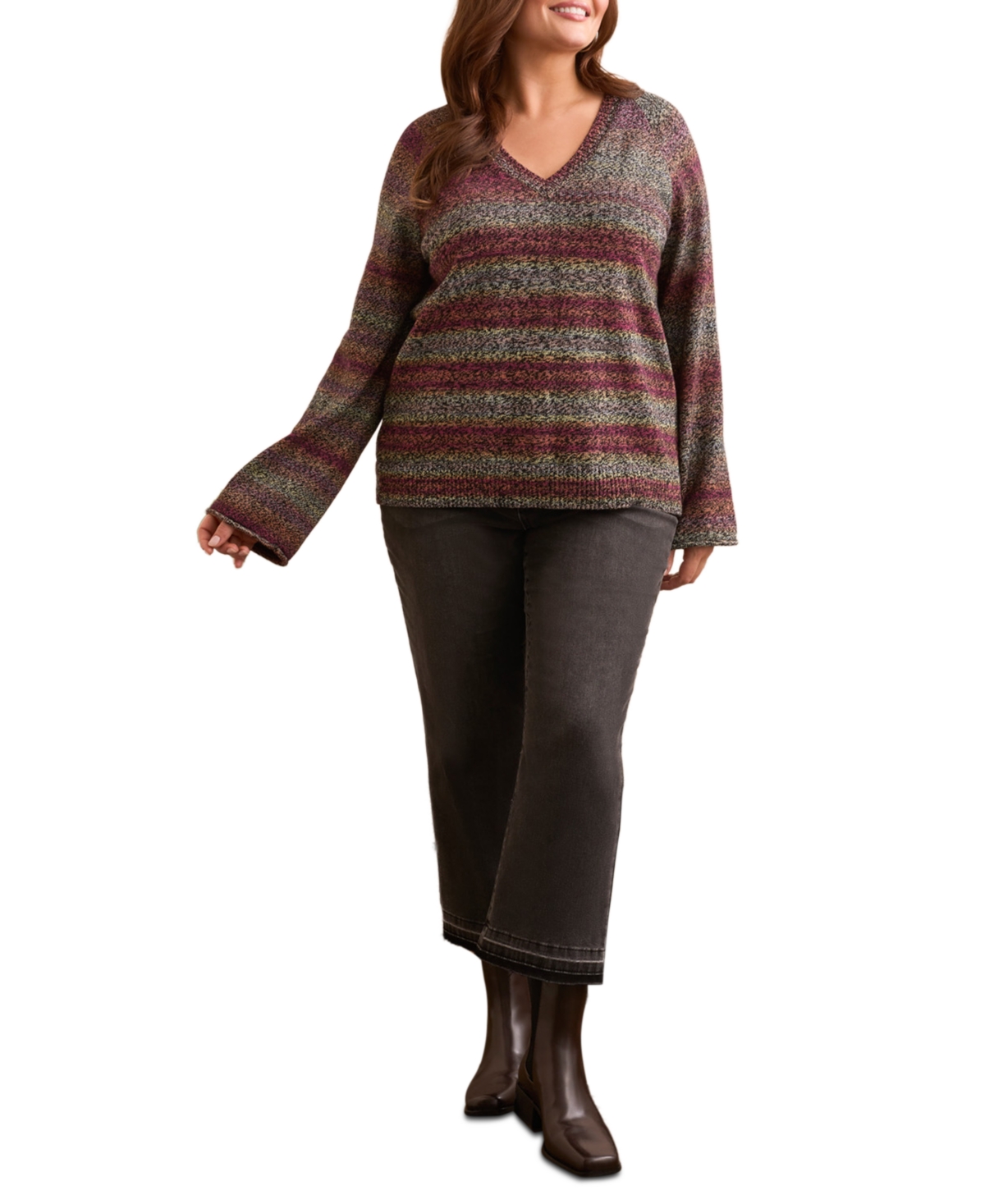 Tribal Plus Size Combed Cotton V-neck Sweater In Multi