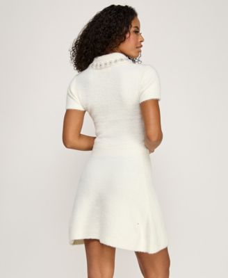 Juniors' Short Sleeve Polo Collar Button Sweater Dress