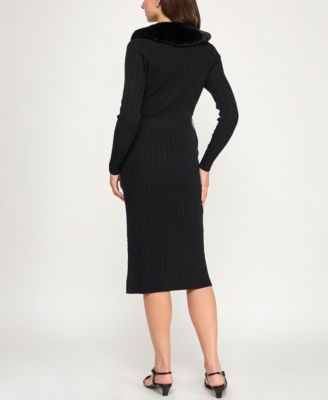 Juniors Removable Faux Fur Collar Midi Sweater Dress Cardigan