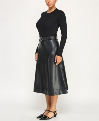 Juniors Faux Leather Belted Midi Sweater Dress