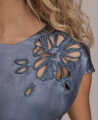 Women's Cap Sleeve Floral Cutout Satin Blouse