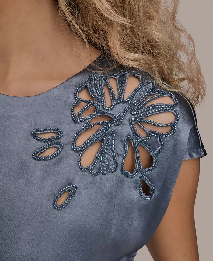 Women's Cap Sleeve Floral Cutout Satin Blouse - thumbnail 9