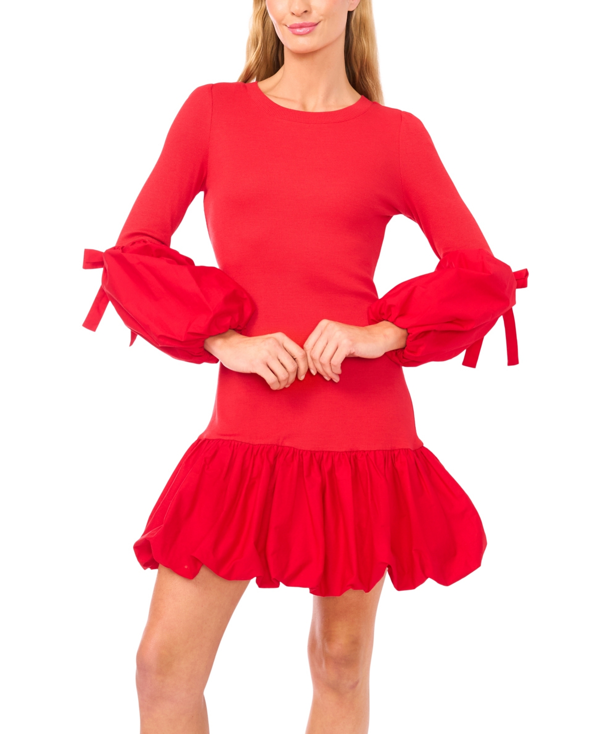 Cece Women's Mix Media Rib Knit Balloon Long Sleeve Top In Red