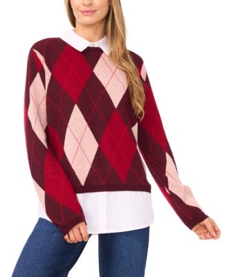 CeCe - Women's Argyle Collared Long Sleeve Twofer Sweater