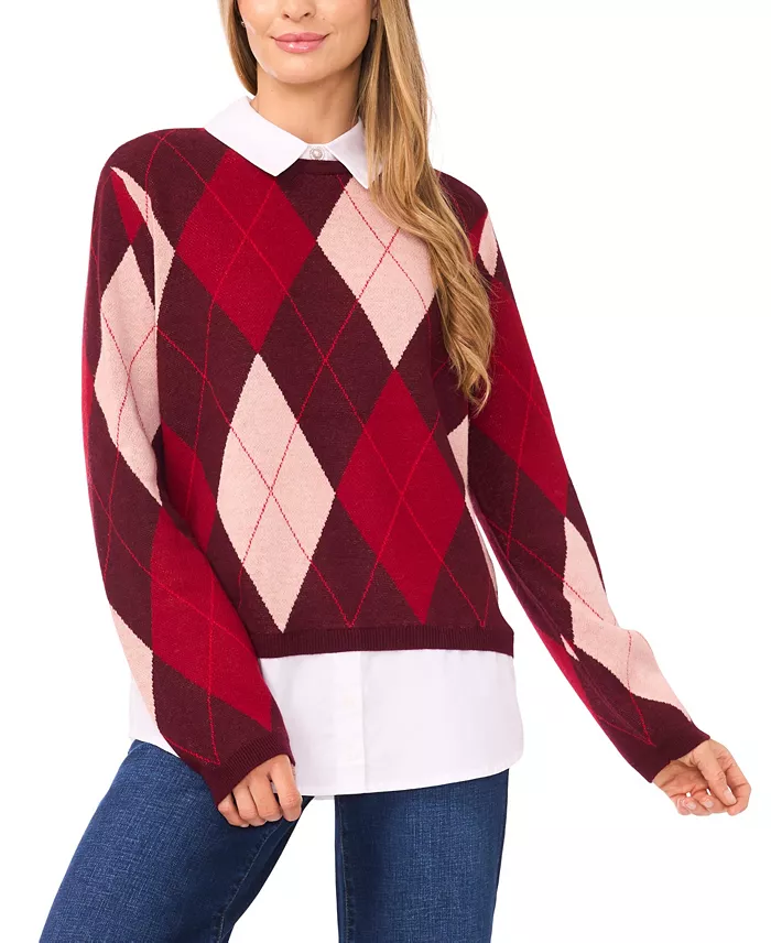 Women's Argyle Collared Long Sleeve Twofer Sweater - thumbnail 4