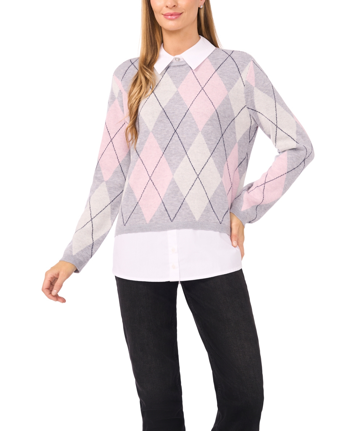 Cece By Cynthia Steffe Pointelle Chevron Stripe Crewneck Sweater In Gray