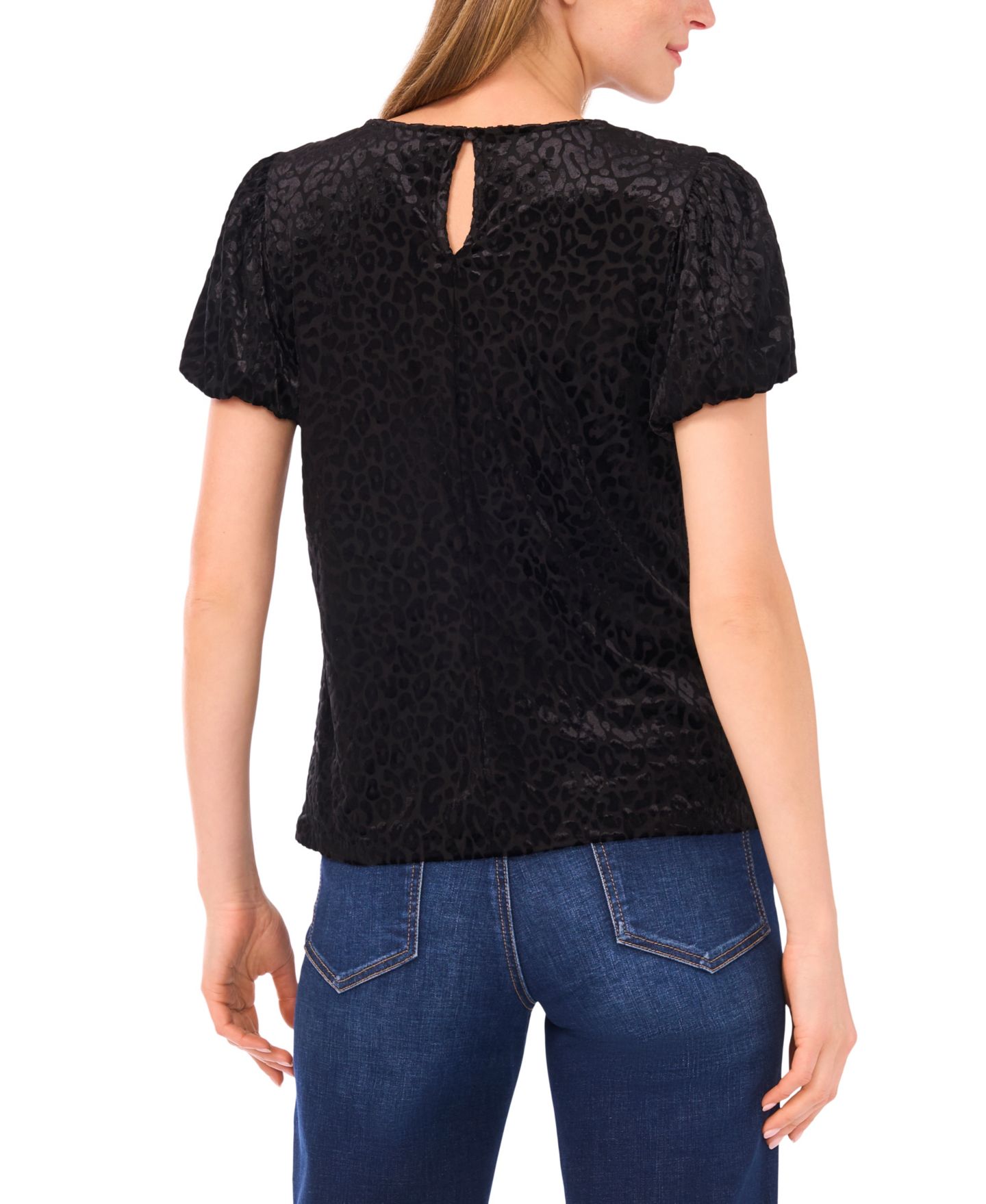 Женская блузка CeCe Velvet Puff Short Sleeve Crewneck, цвет: Насыщенный чёрный — фото 2
