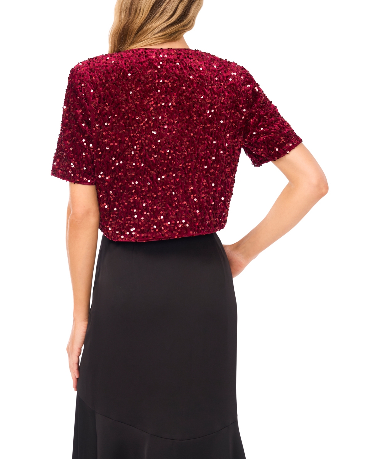 Cece Women's Cropped Velvet Sequin Short Sleeve Top In Burgundy