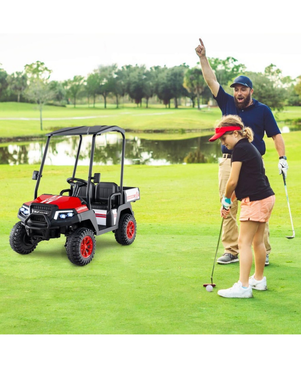 24V Kids Golf Cart 4WD 2-Seater Ride on Car with Storage Trunk and Horn