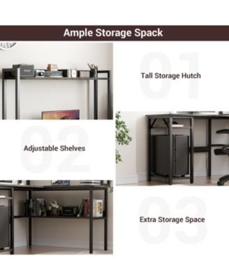 L Shaped Desk with Hutch, LED Lights, Reversible Corner Desk with Power Outlet